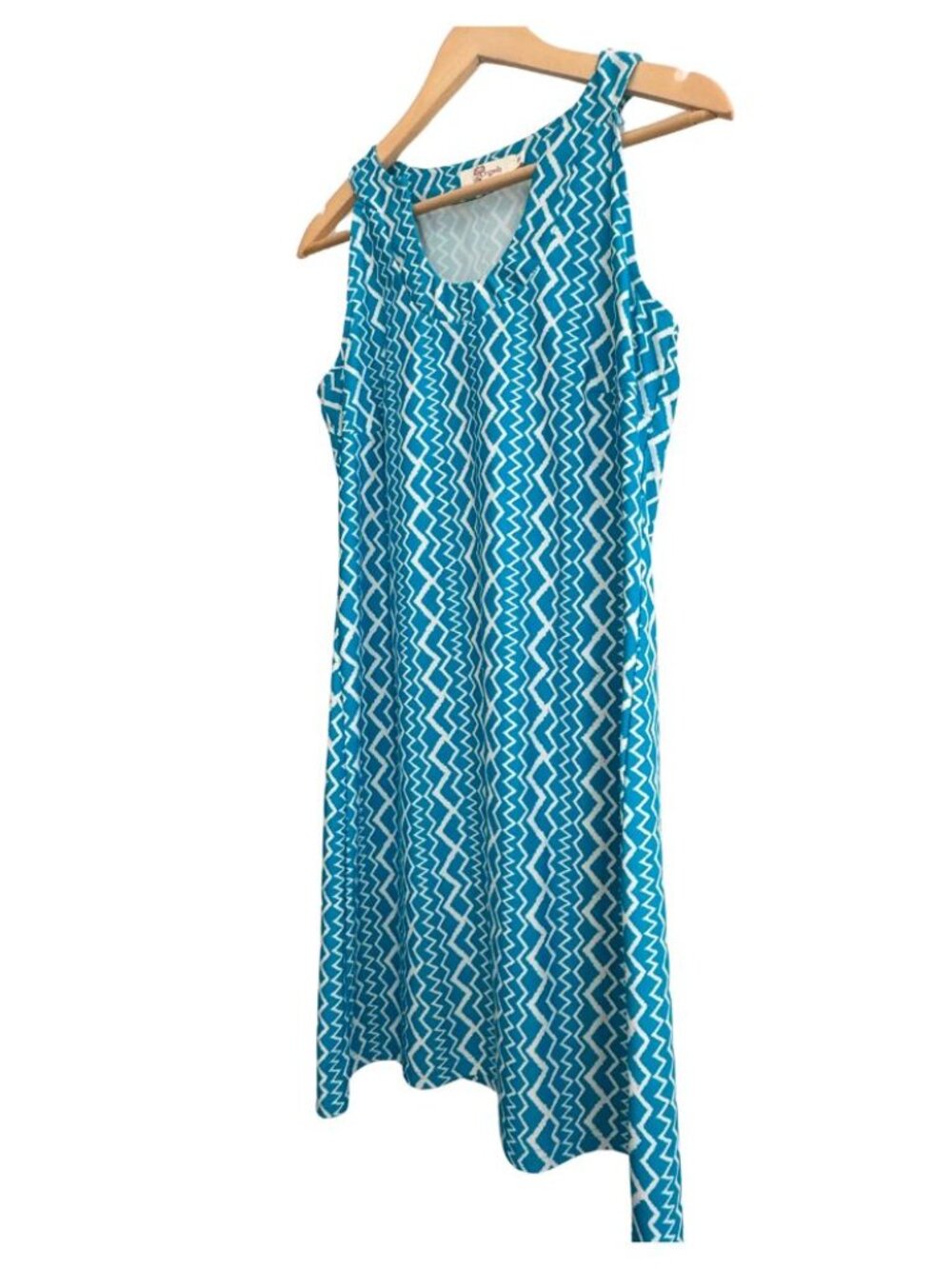 Aryeh Aqua Blue White ZigZag Chevron Shift Dress Sleeveless Small Stretch Resort